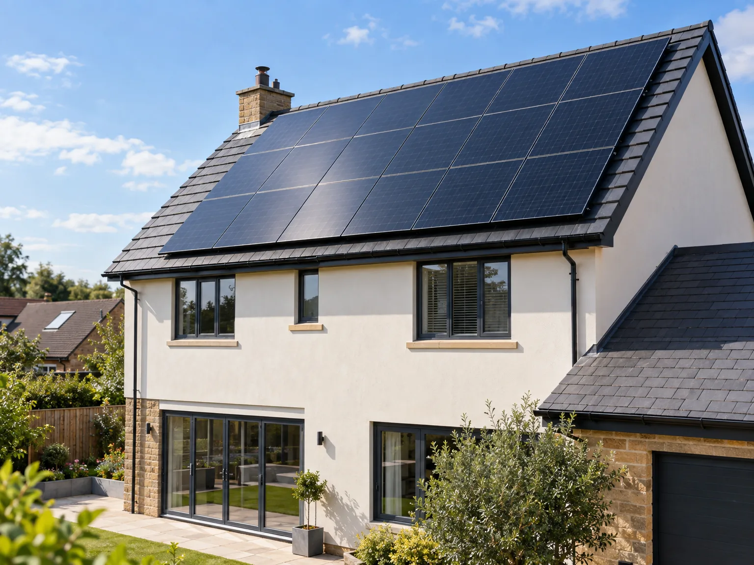 Modern two-storey home with large solar panel installation on pitched roof and integrated bifold doors