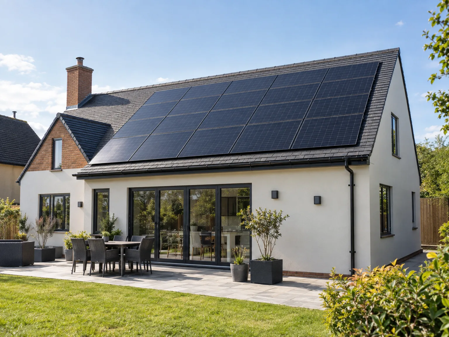 Bifold doors of modern white rendered extension with solar panel roof overlooking garden seating area