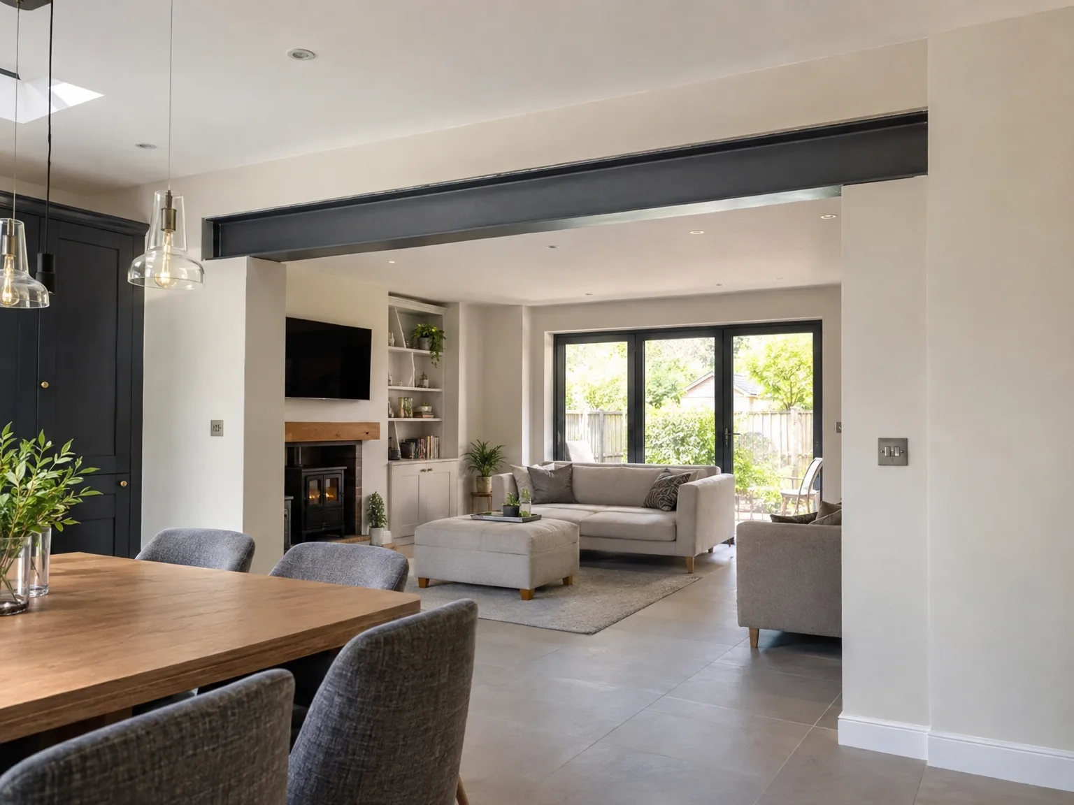 Modern renovated open-plan kitchen-dining-living area with wooden table, gray seating and bifold doors