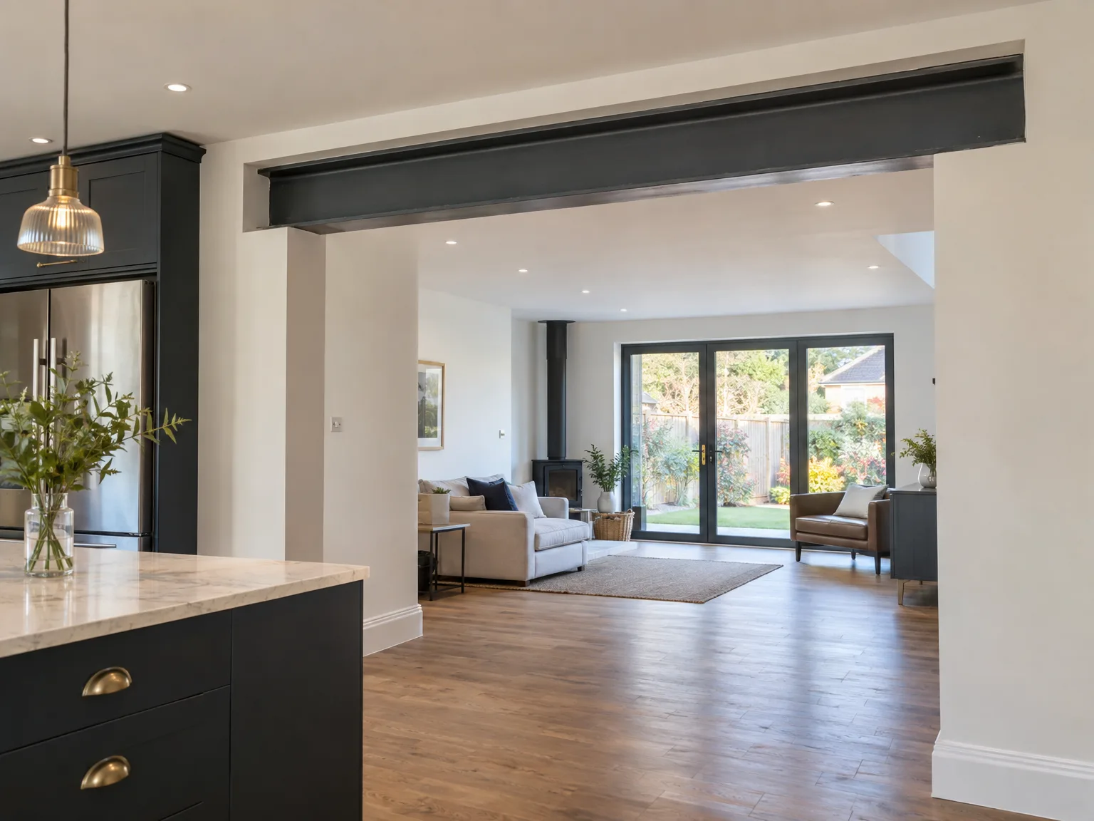 Rear Extension kitchen with black island, brass pendant lights and stainless appliances, opening to spacious open-plan lounge with garden views
