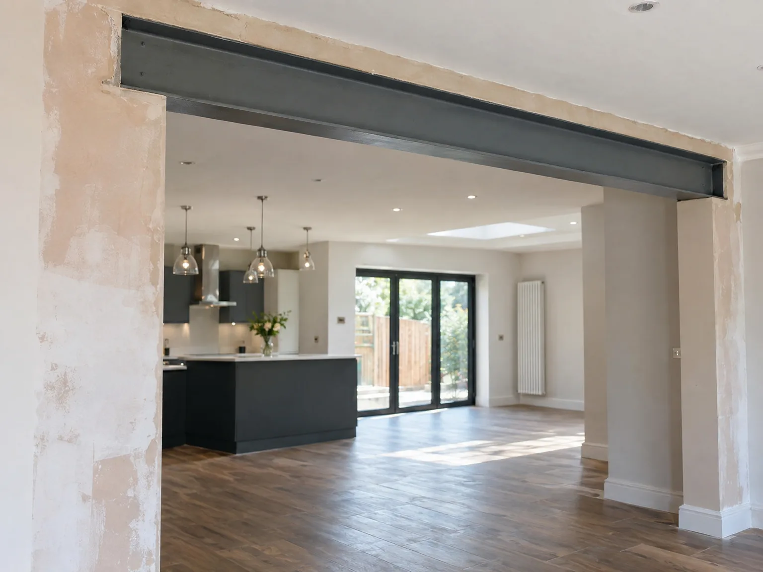 Open-plan kitchen extension with steel beam opening, black island counter, and bifold doors overlooking garden