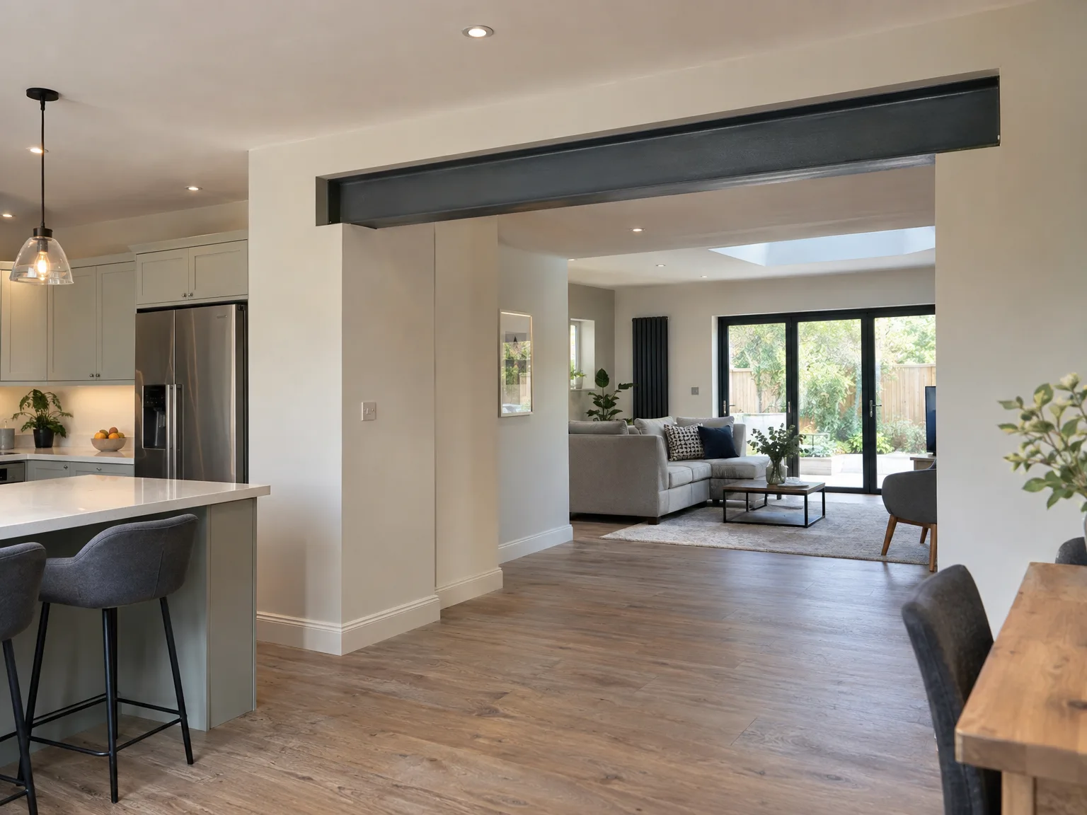 Modern kitchen extension with white cabinetry and island opening to living room via beam
