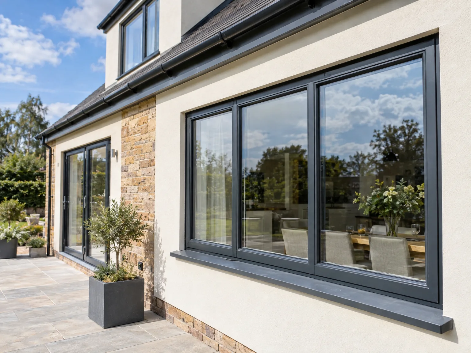 Modern bifold doors and large black-framed windows on house extension with paved terrace