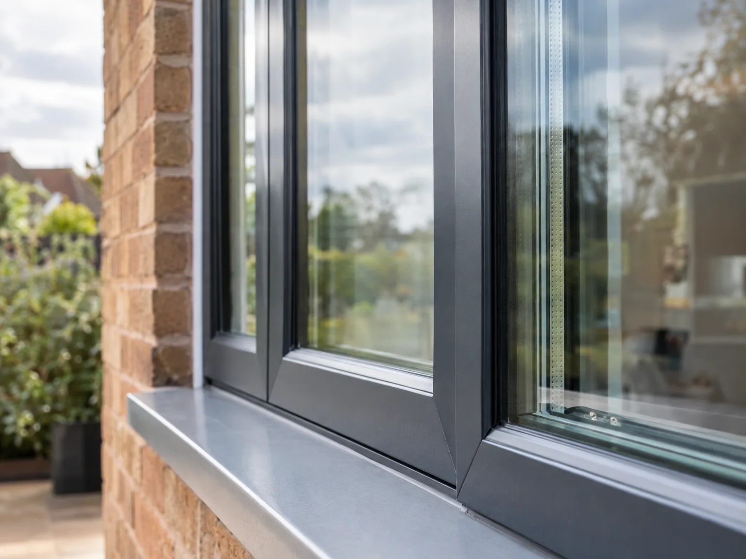 Double Glazing windows with dark frames installed in brick home exterior showing countryside view