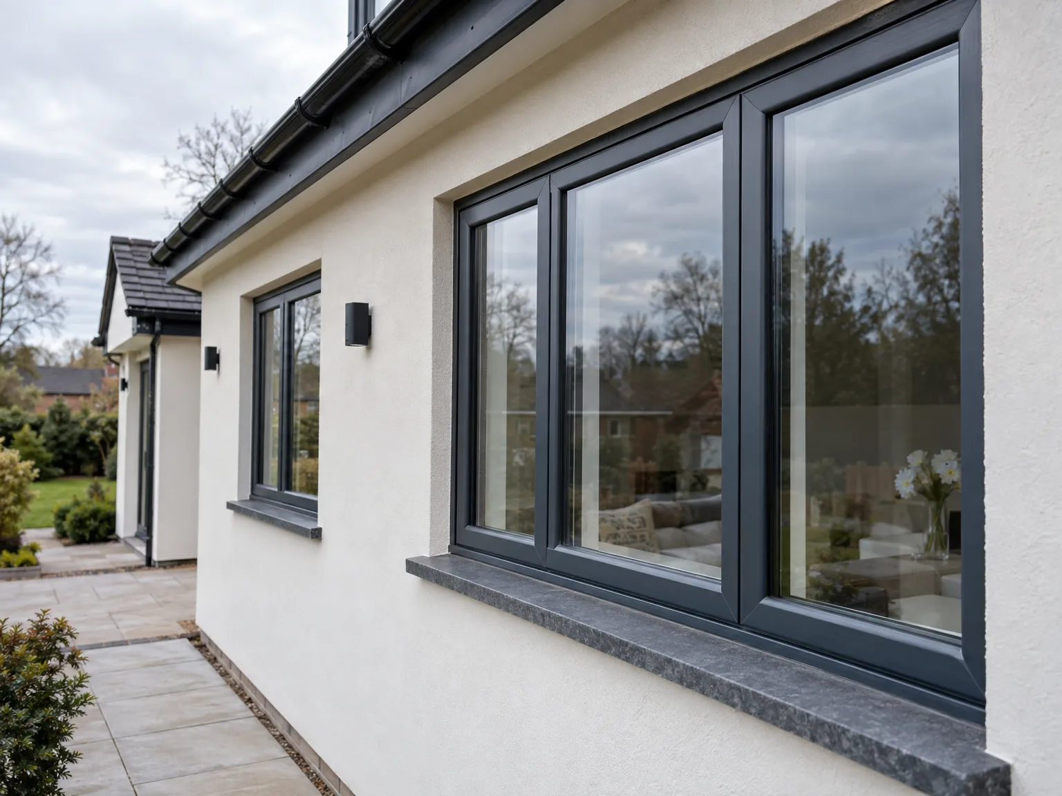 House extension with black bifold doors and natural stone patio