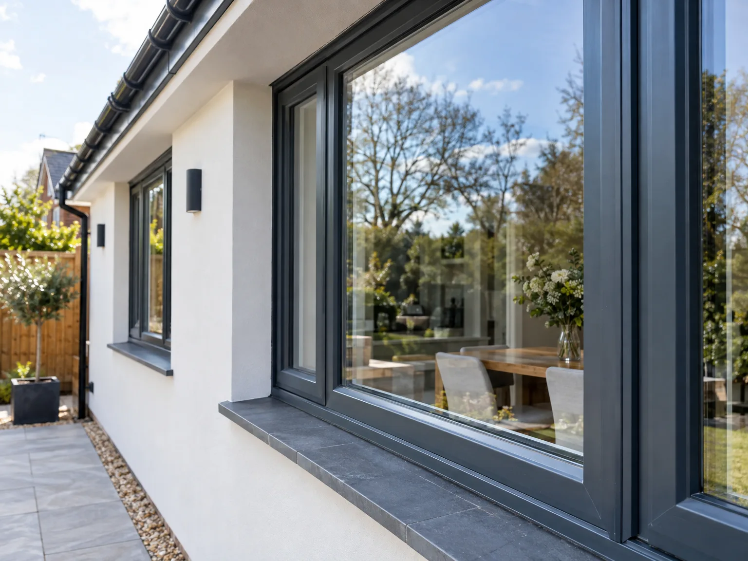 Modern rear extension with large black-framed windows overlooking garden and patio