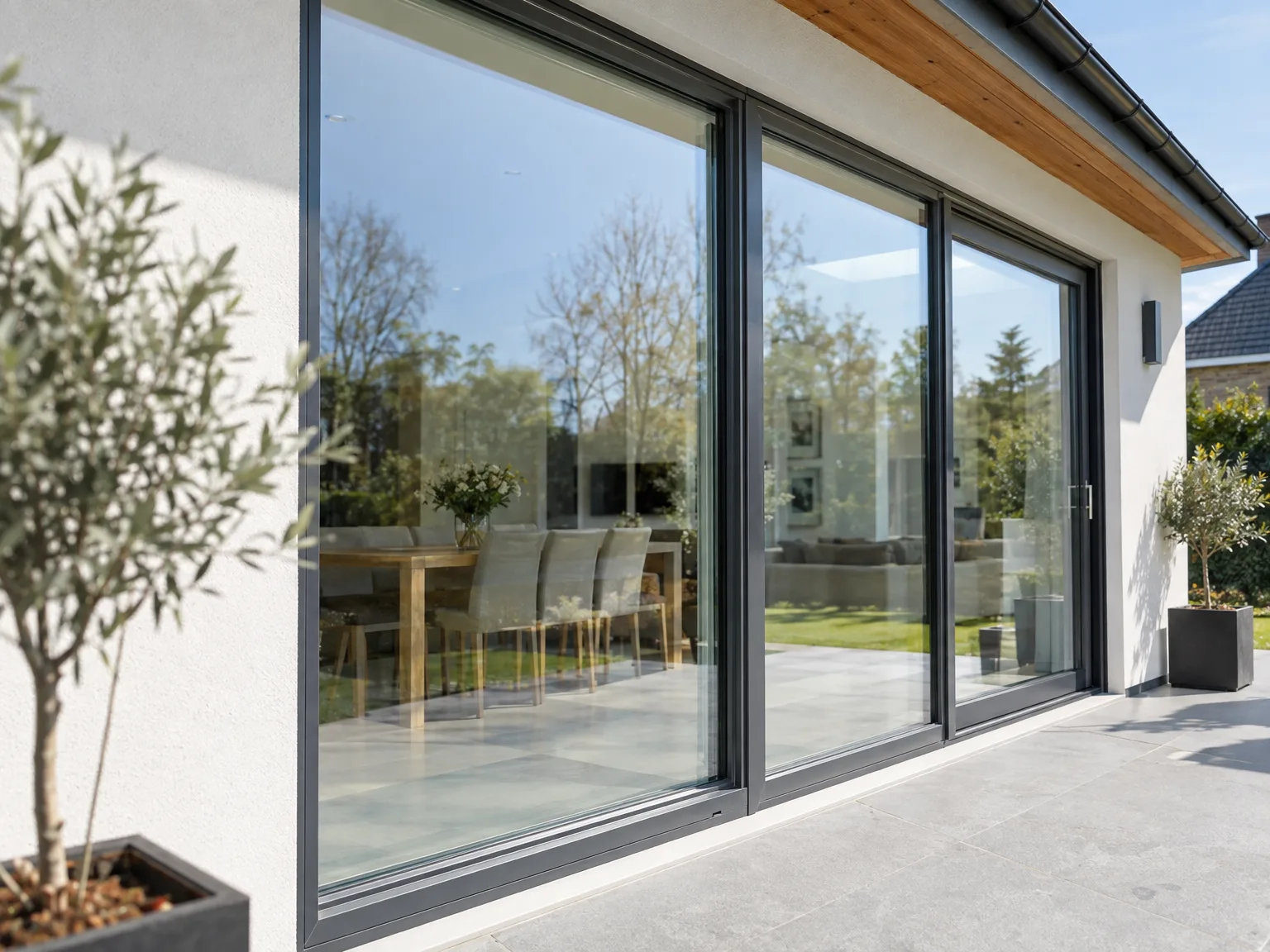 Modern black-framed bifold doors opening onto patio with garden views through expansive glass panels