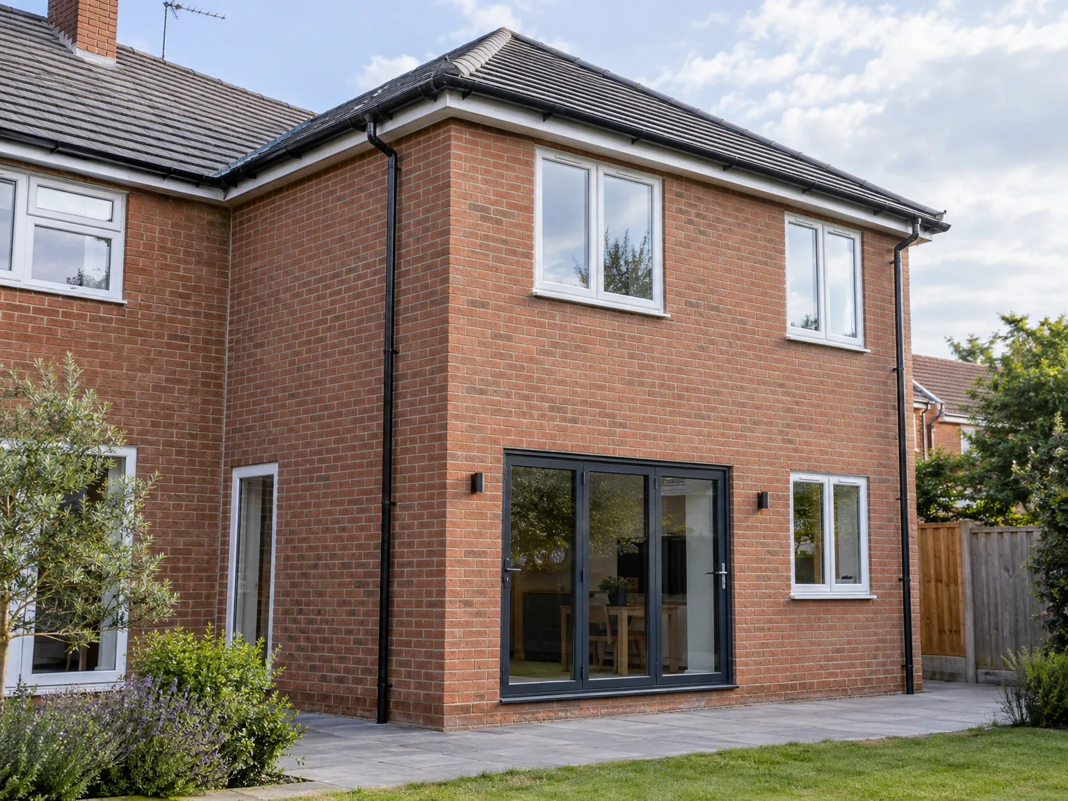 Modern brick house with large black bifold patio doors and contemporary terrace