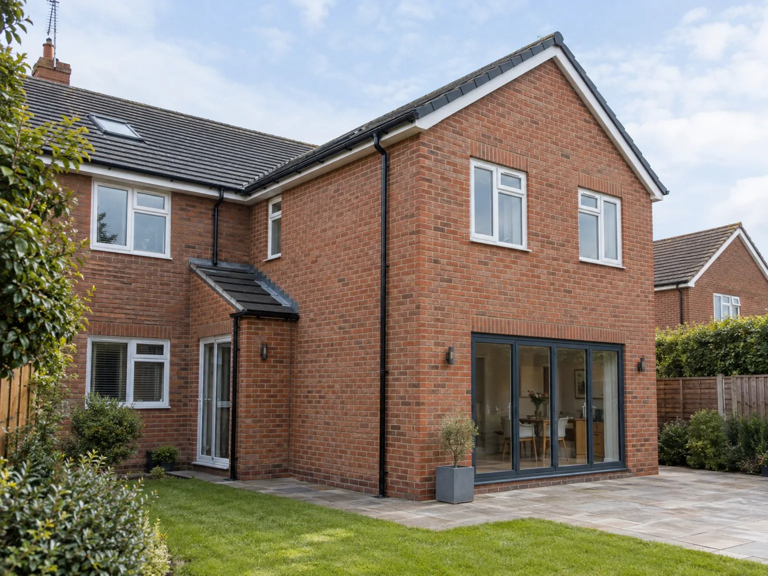 Brick home with modern Rear Extension featuring bifold doors and paved patio
