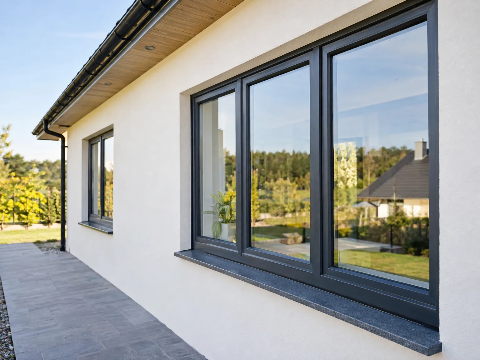 Modern white home with black bifold doors and panoramic windows overlooking countryside