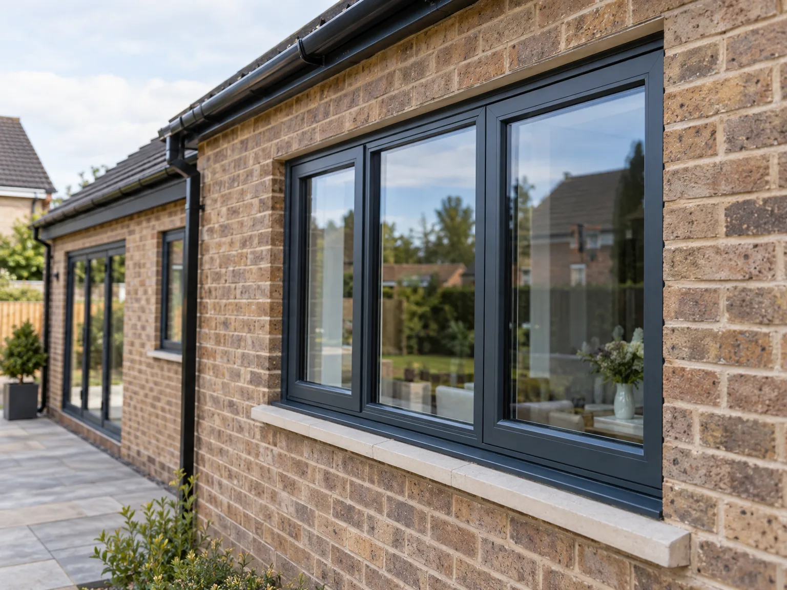 Double-glazed black windows installed on brick wall with stone sill