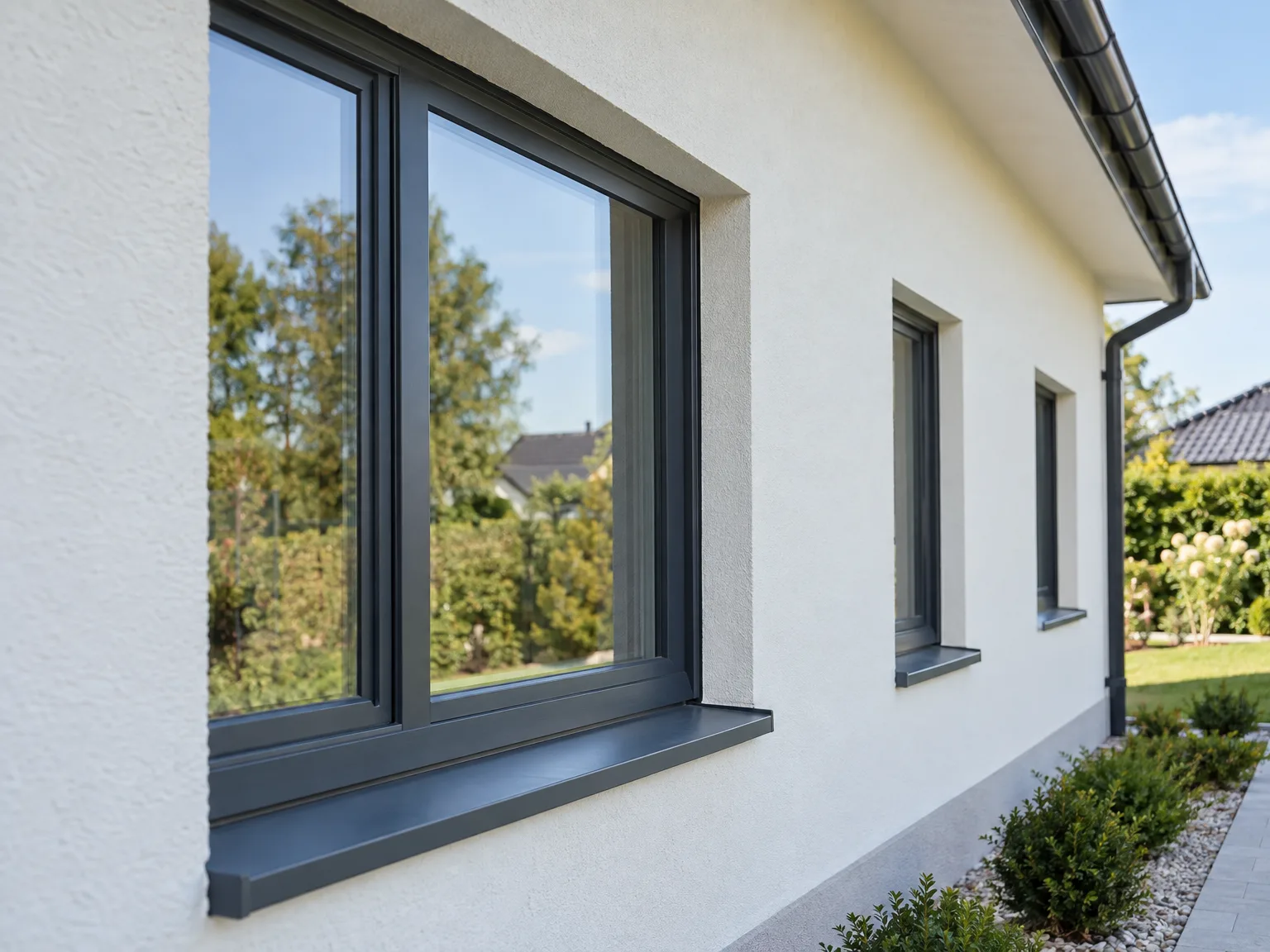 White rendered house exterior with large black-framed double glazing windows installed on facade